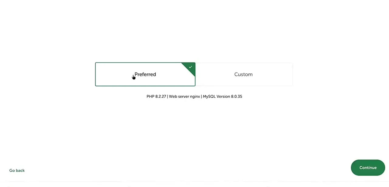 Local's environment selection screen during site setup, with Preferred checked and its PHP, nginx, and MySQL versions listed underneath.
