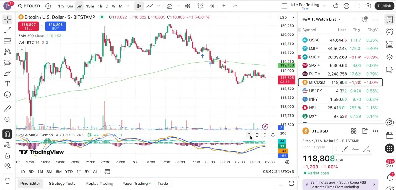 The merged RSI & MACD Combo indicator running in one panel below the chart, both oscillators plotted from a single Pine Script after the merge.