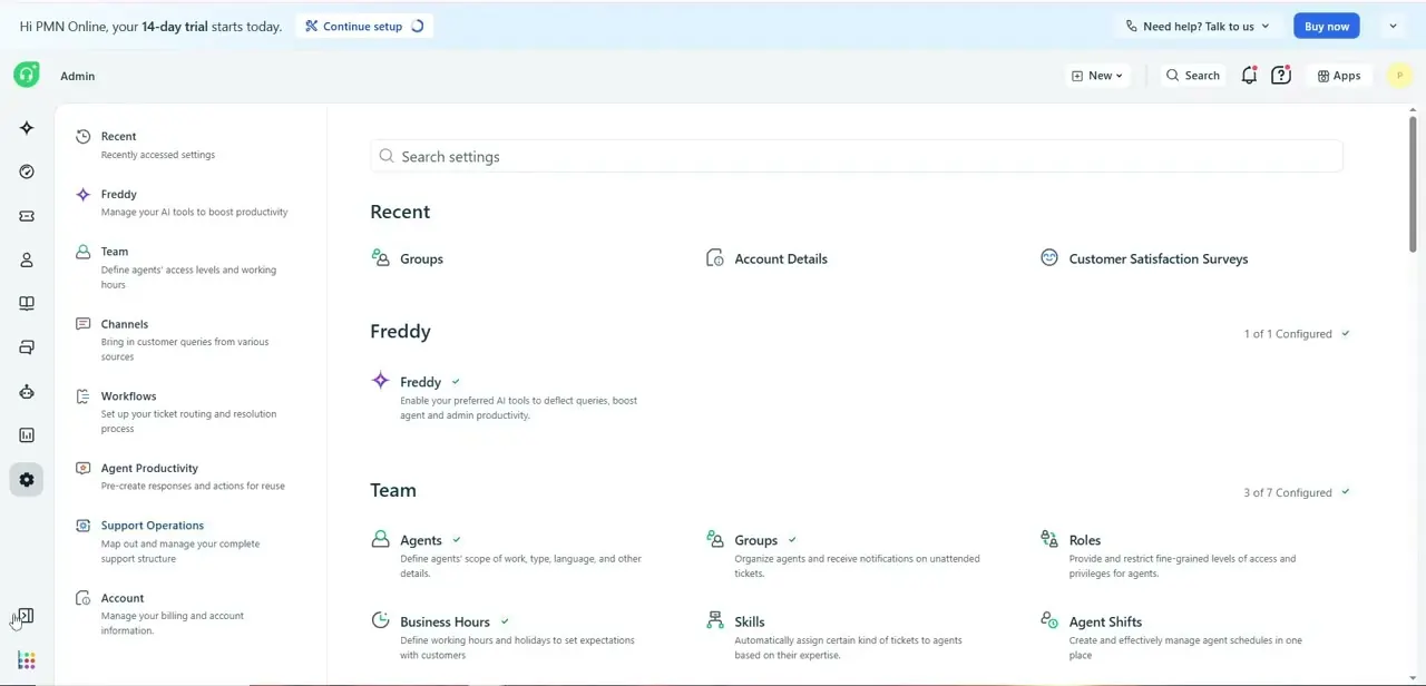 The Admin panel, organized into sections like Freddy, Team, Channels, and Support Operations.