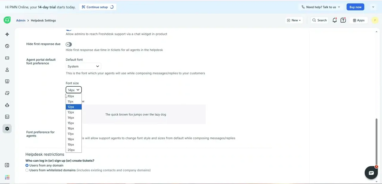 The Font size dropdown under Agent portal default font preference, previewing each size against a sample sentence.
