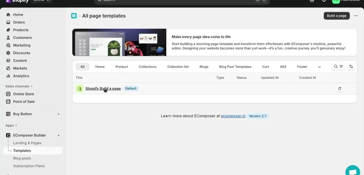 EComposer's template list inside the Shopify admin, showing the store's page types with the default home page template highlighted.