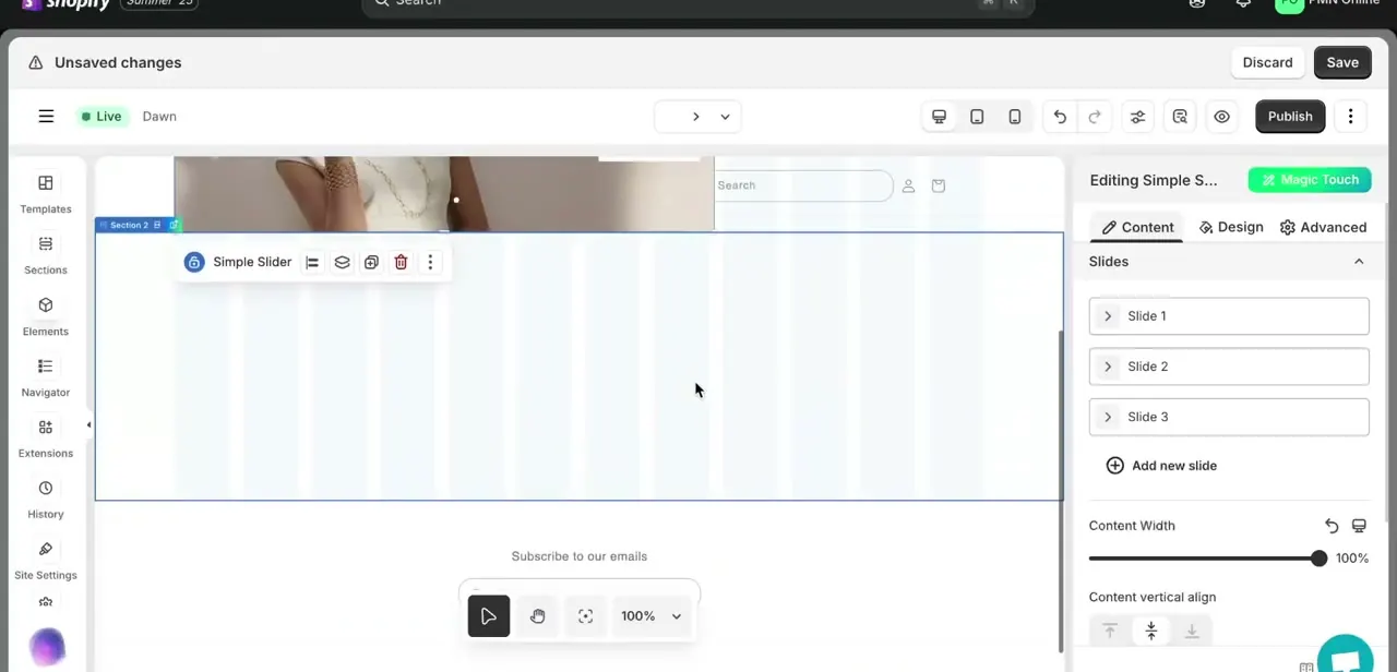 EComposer's Simple Slider section open for editing, with its Slides list on the right and controls for content width and vertical alignment.