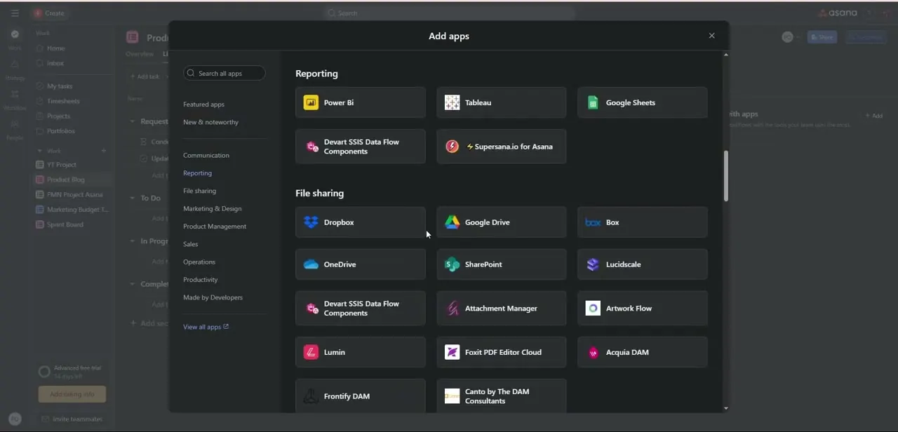 Asana's Add apps directory, browsable by category or searchable by name — Notion is added through this same integration marketplace.
