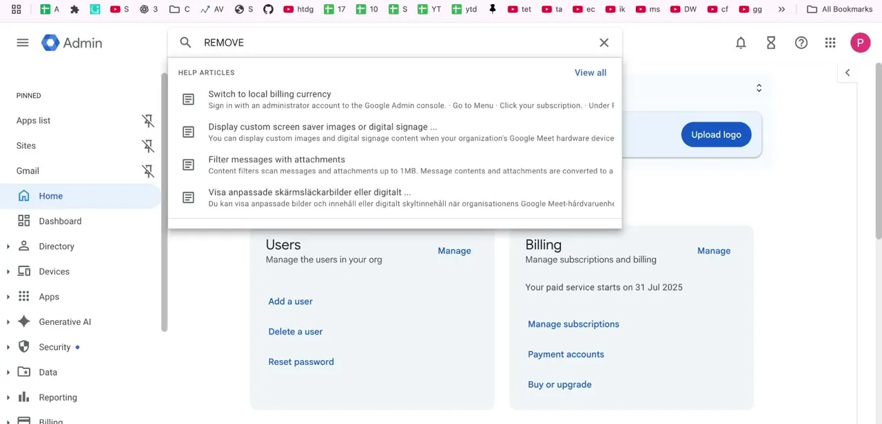 Typing "REMOVE" into the Admin Console search bar surfaces related help articles, a quick way to confirm you're heading toward the right setting before committing to anything.
