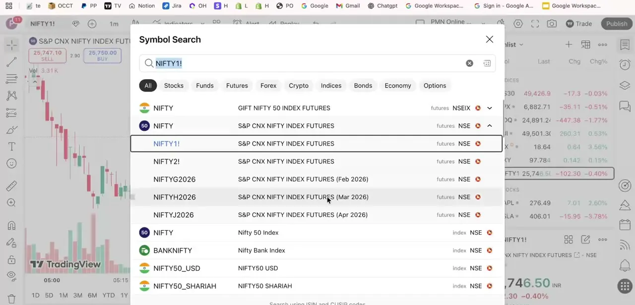 TradingView's Symbol Search results for NIFTY1, showing the NSE-listed S&P CNX NIFTY INDEX FUTURES contract alongside spot NIFTY, BANKNIFTY, and monthly expiries like NIFTYG2026 and NIFTYH2026.