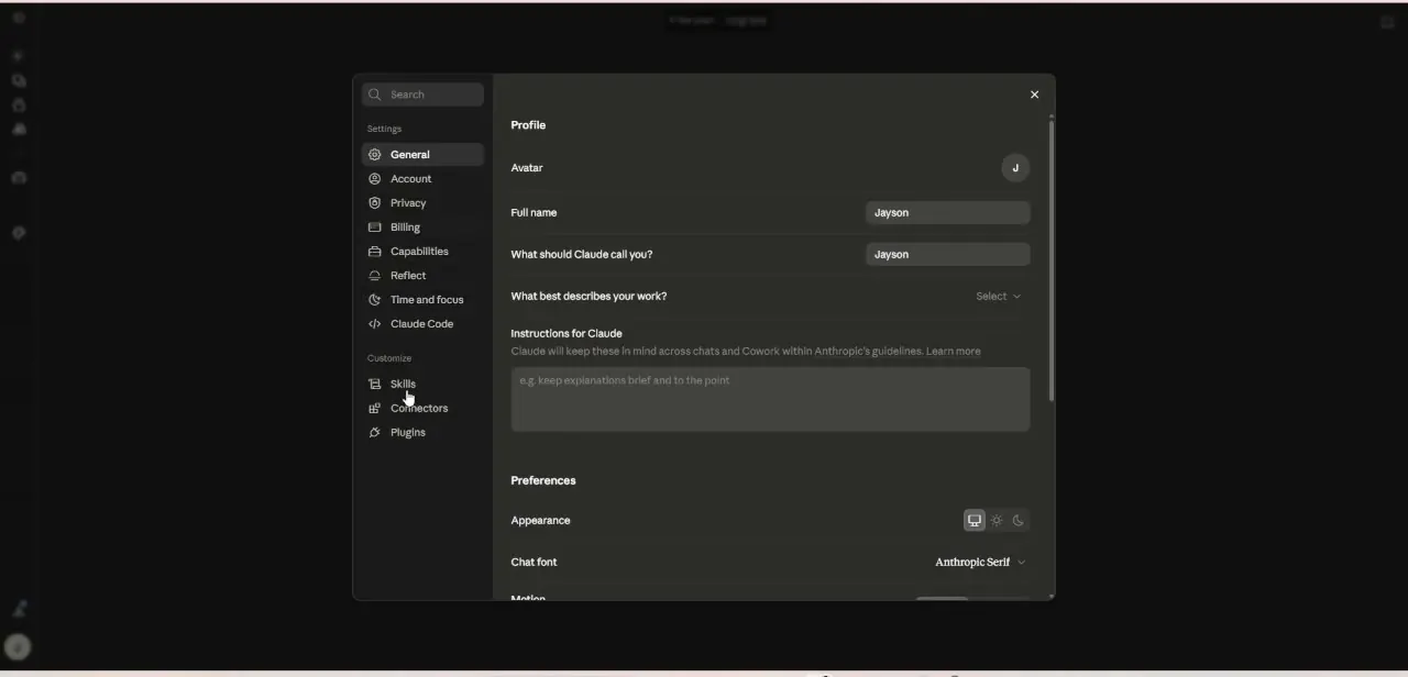 Claude's Settings panel, open to the General tab. Connectors sits just below Skills in the same sidebar.