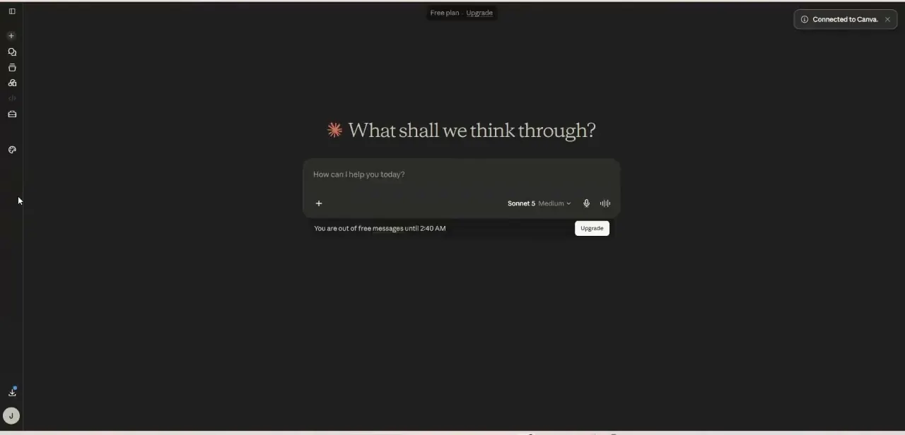 The "Connected to Canva" confirmation banner in Claude — the quickest way to verify the integration went through.