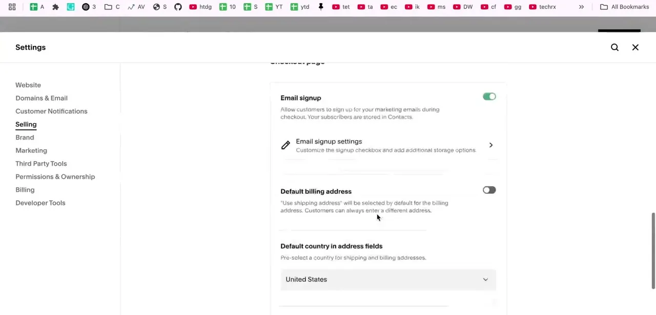 The checkout page's default settings: email signup toggled on, default billing address off, and a pre-selected default country for address fields.