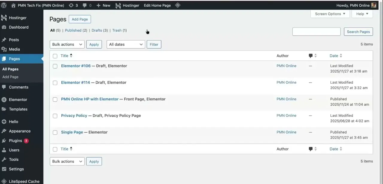 The WordPress Pages screen, listing every page with its status and last-modified date — the normal entry point for editing a page's slug.