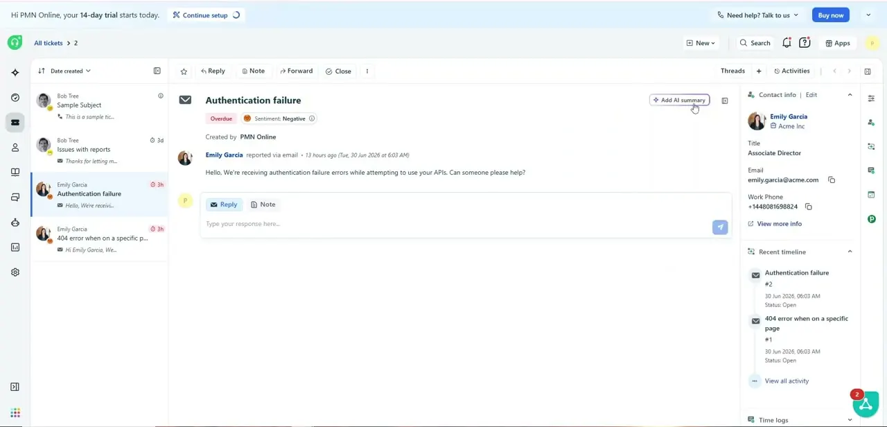 An open ticket showing the full email thread on the left and the requester's contact info and recent ticket history on the right.