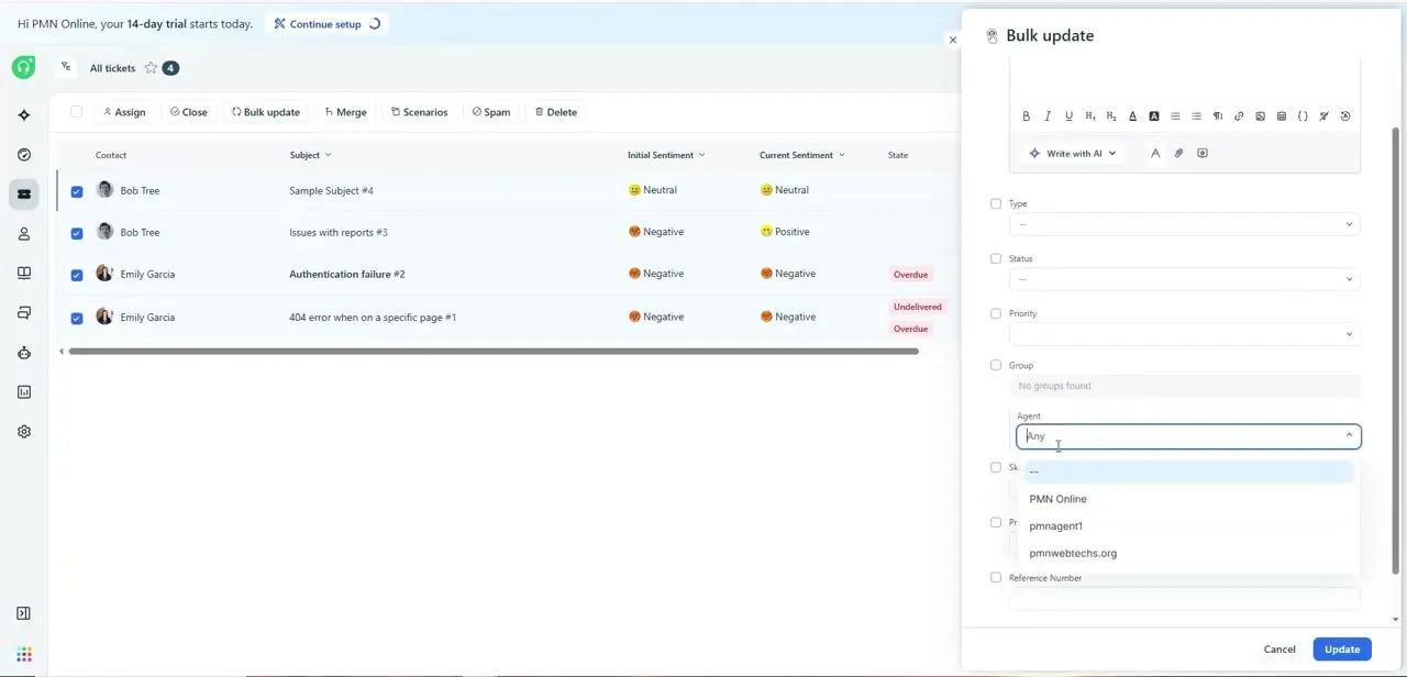 The Bulk update panel with several tickets selected and the Agent dropdown open, listing the agents available to receive the batch.