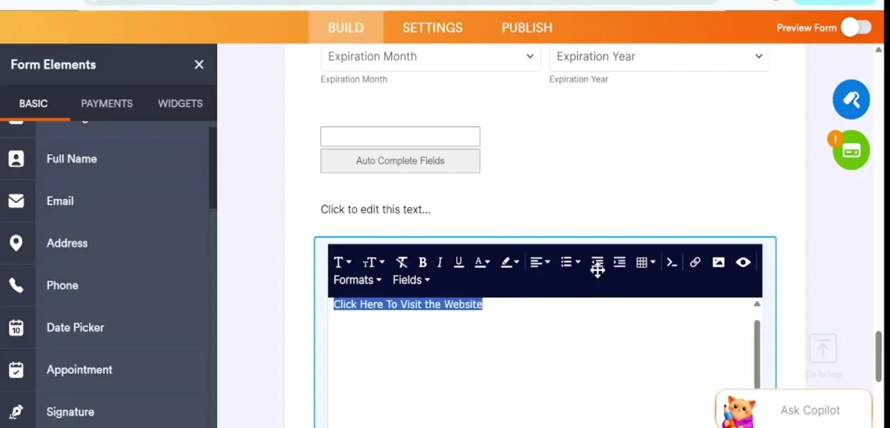 The rich text editor toolbar with "Click Here To Visit the Website" selected, ready for the Insert/Edit Link icon.