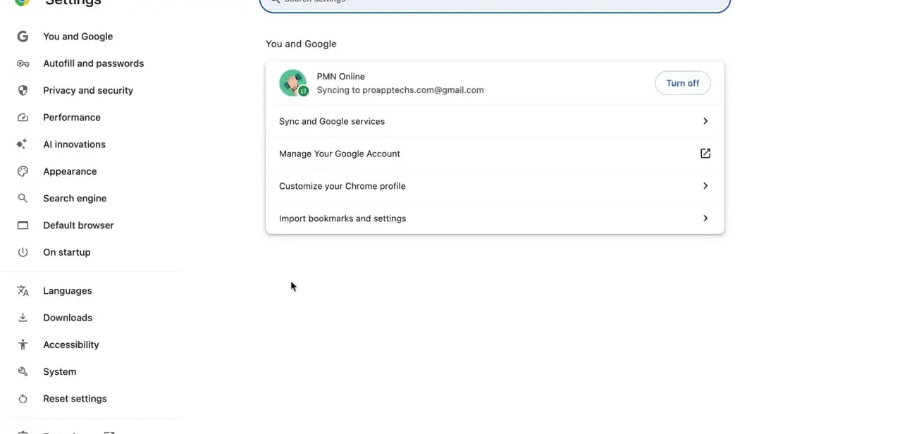 Chrome's "You and Google" settings, showing the signed-in profile and sync status — worth toggling off temporarily to rule out a stale session.