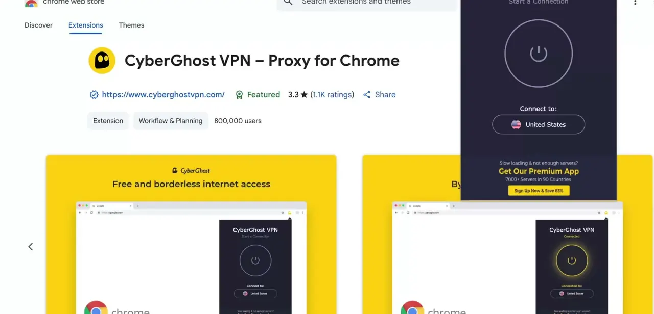 A VPN browser extension's Chrome Web Store listing. VPN and proxy extensions are a common, easy-to-miss cause of failed conversation loads.