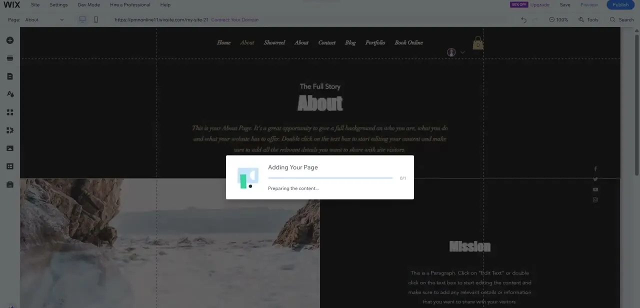 Wix's "Adding Your Page" progress dialog, shown briefly while the new page's content is prepared.