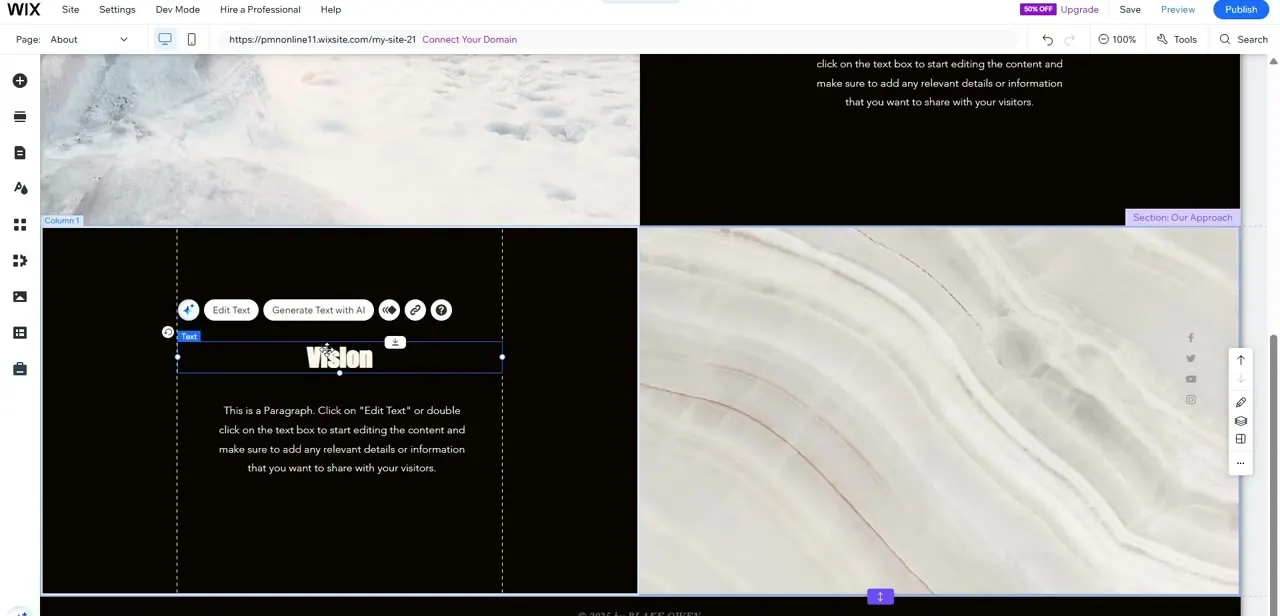 Editing a placeholder heading and paragraph on the new page, with Edit Text and Generate Text with AI available from the selection toolbar.