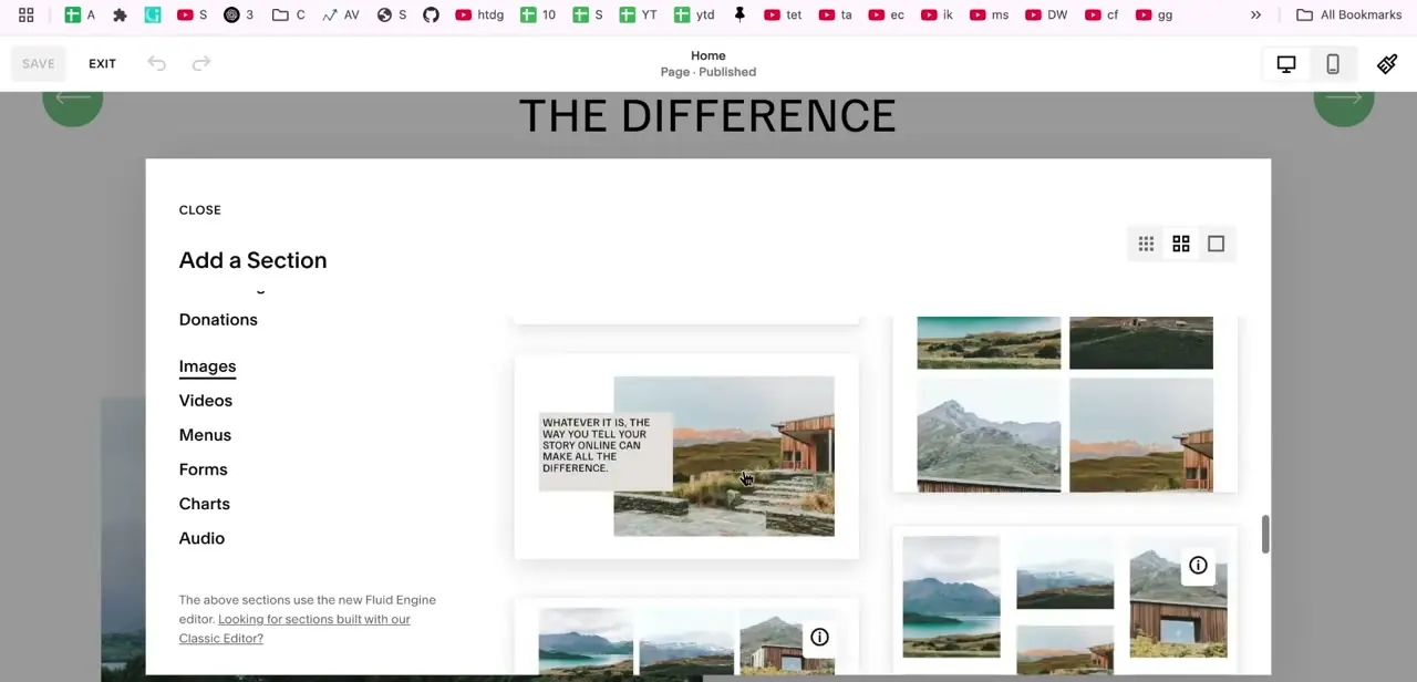 The Add a Section panel with the Images category selected, showing several ready-made gallery layout options to choose from.