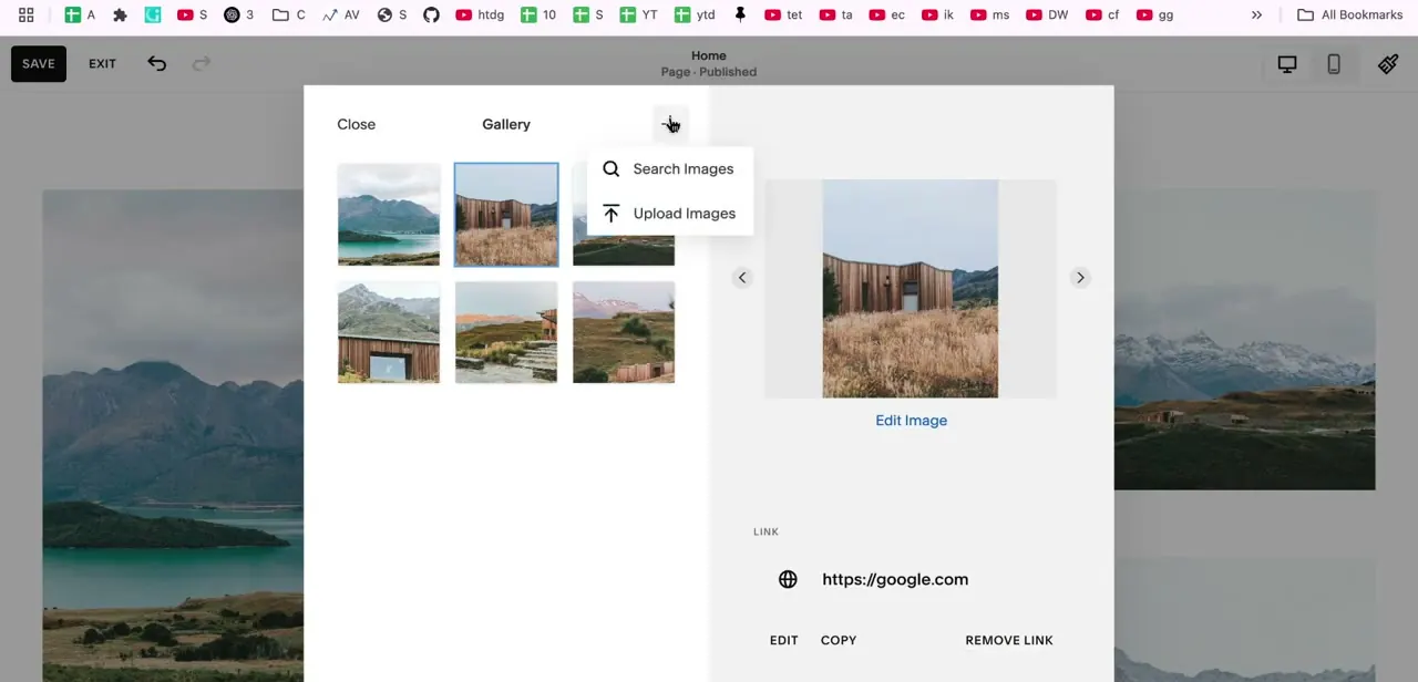 The gallery's plus-icon menu open, showing Search Images and Upload Images as the two ways to add photos to the block.