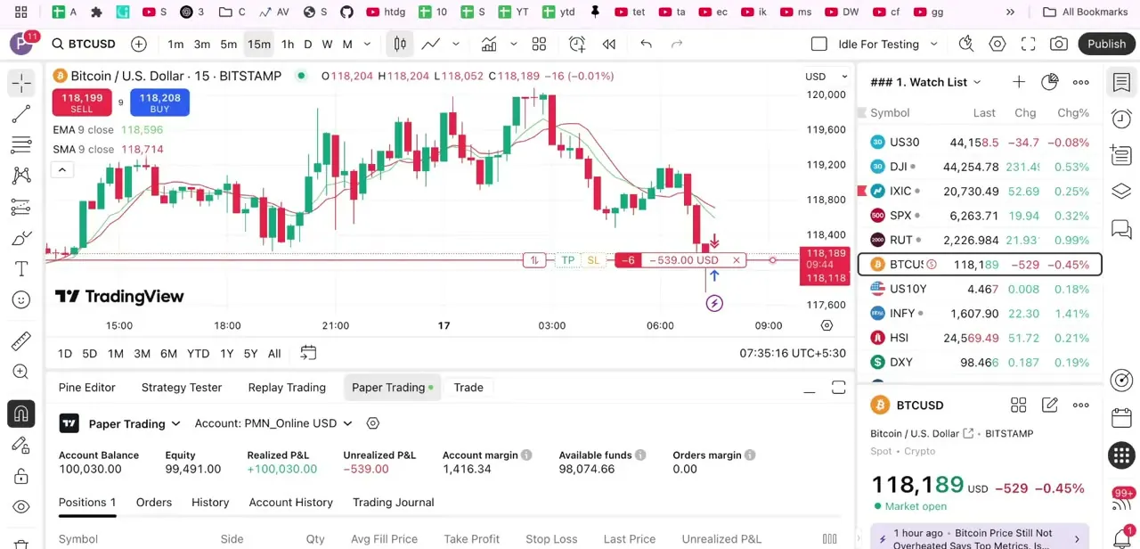 The Paper Trading panel expanded beneath the chart, showing account balance, equity, and the Positions tab where open trades are listed.