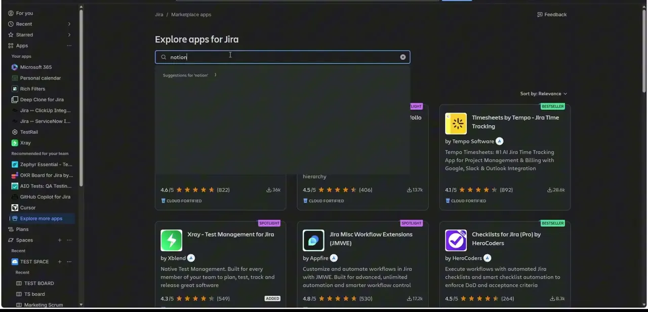 Searching "notion" inside Jira's Explore apps for Jira marketplace.