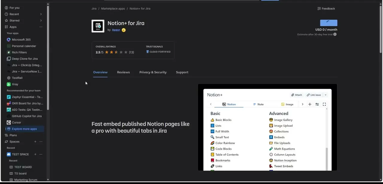 The Notion+ embed picker inside a Jira issue, with Basic and Advanced Notion block types available to insert.