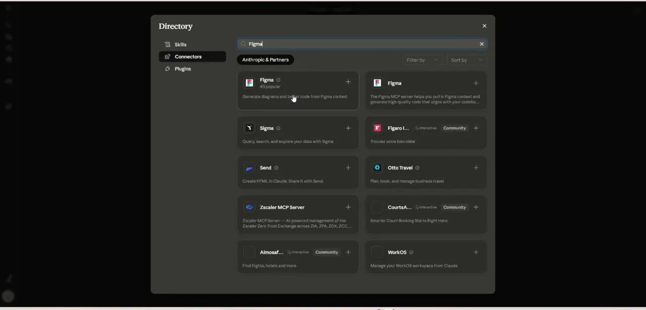 Claude's Directory filtered to Connectors, with Figma showing up as a popular option alongside Sigma, Send, and other integrations.