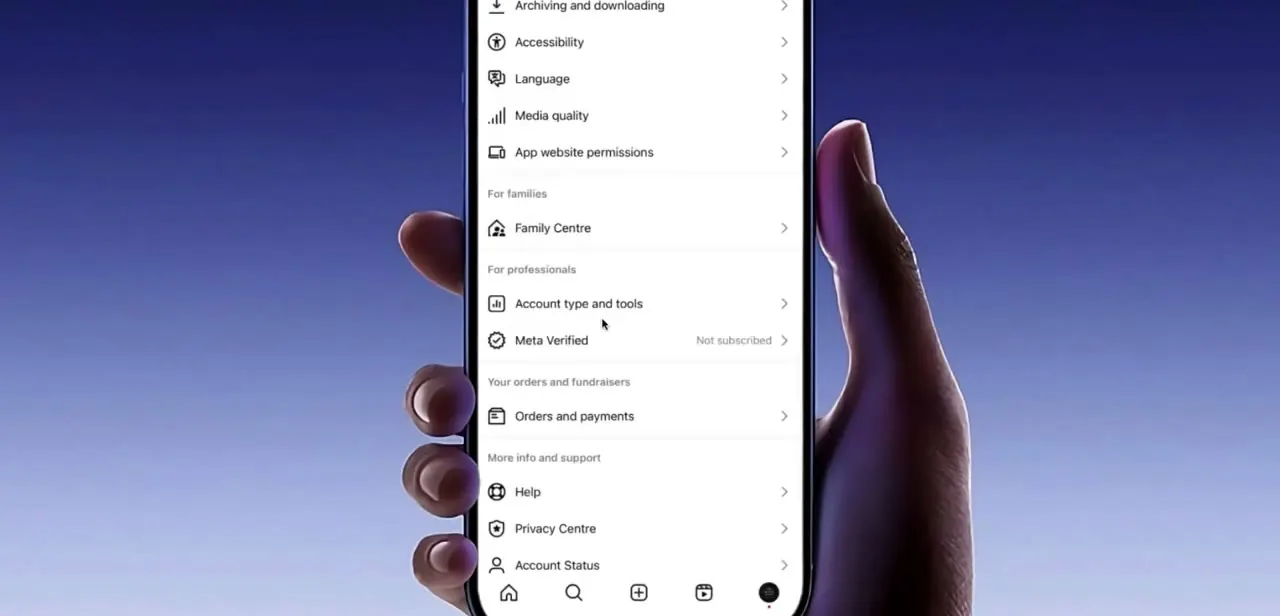 Instagram's Settings menu, with Account type and tools and Meta Verified grouped under "For professionals," and Orders and payments listed separately below.