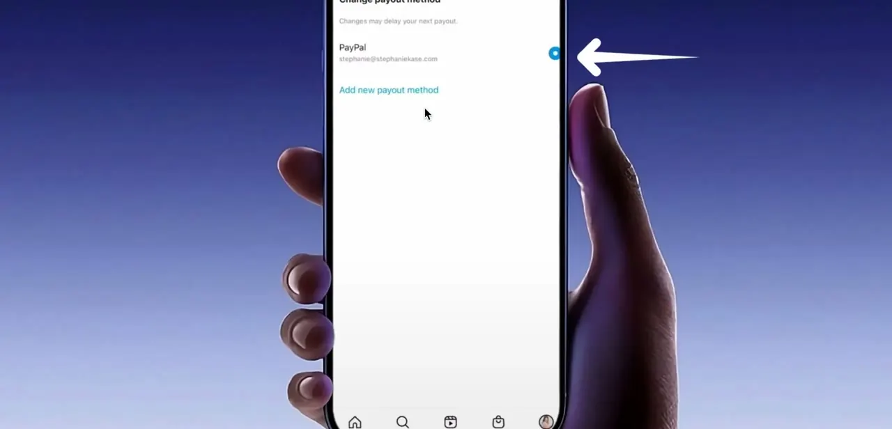 The Change payout method screen, showing a connected PayPal account by email address and an option to add a new payout method underneath.