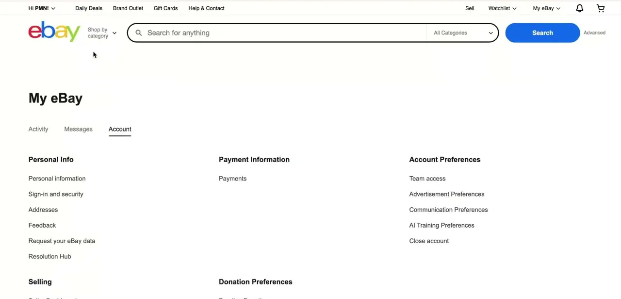 The My eBay Account tab, with Close account listed last under Account Preferences, below the other settings links.