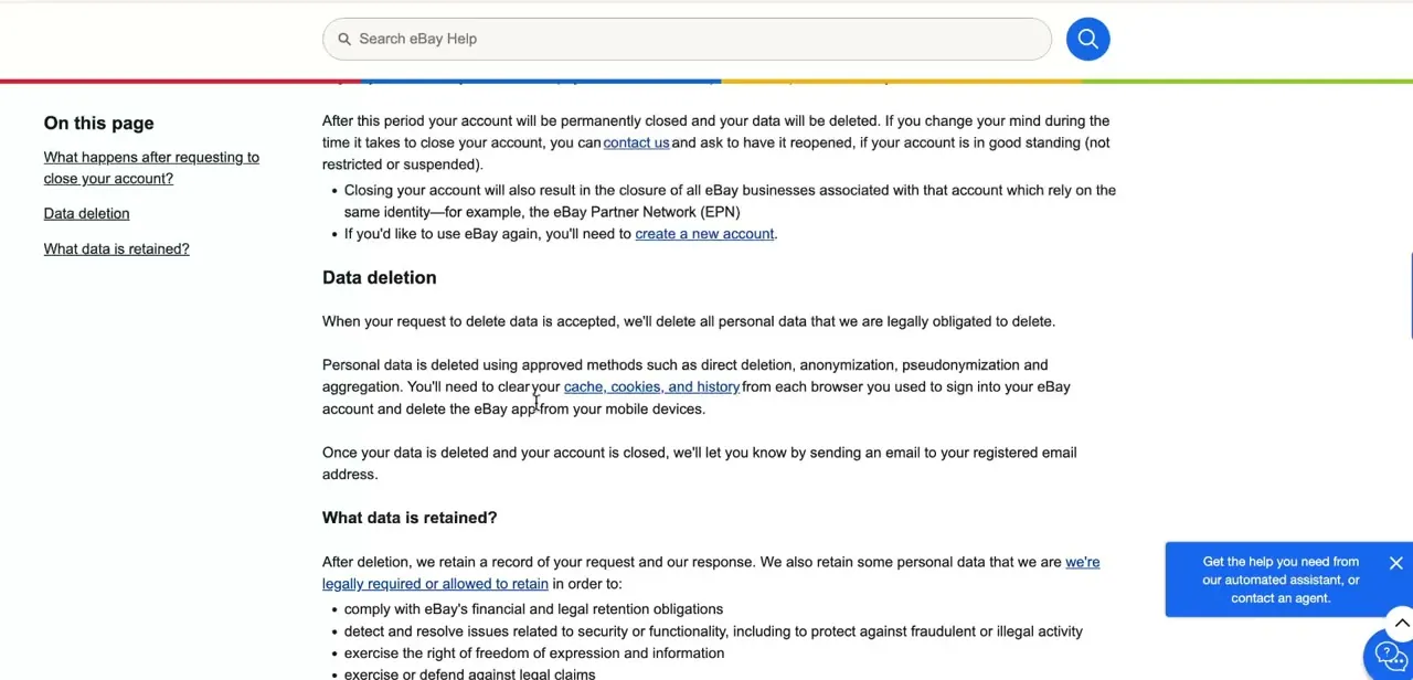 eBay's account deletion explainer, covering the waiting period and noting that linked businesses like the eBay Partner Network close too.