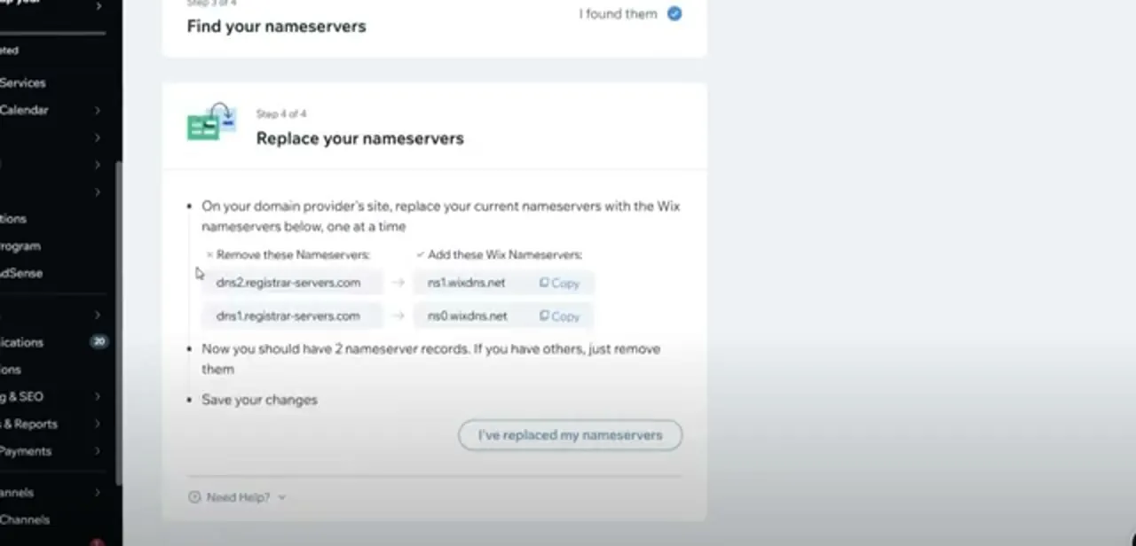 Wix's nameserver swap instructions, showing the exact Namecheap default nameservers to remove and the two Wix nameservers to add in their place.