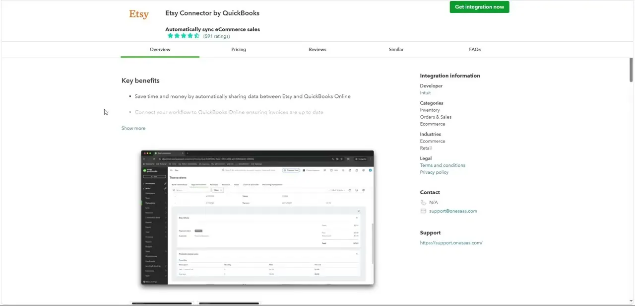 The Etsy Connector by QuickBooks listing page, with its key benefits and a preview of synced transaction data.