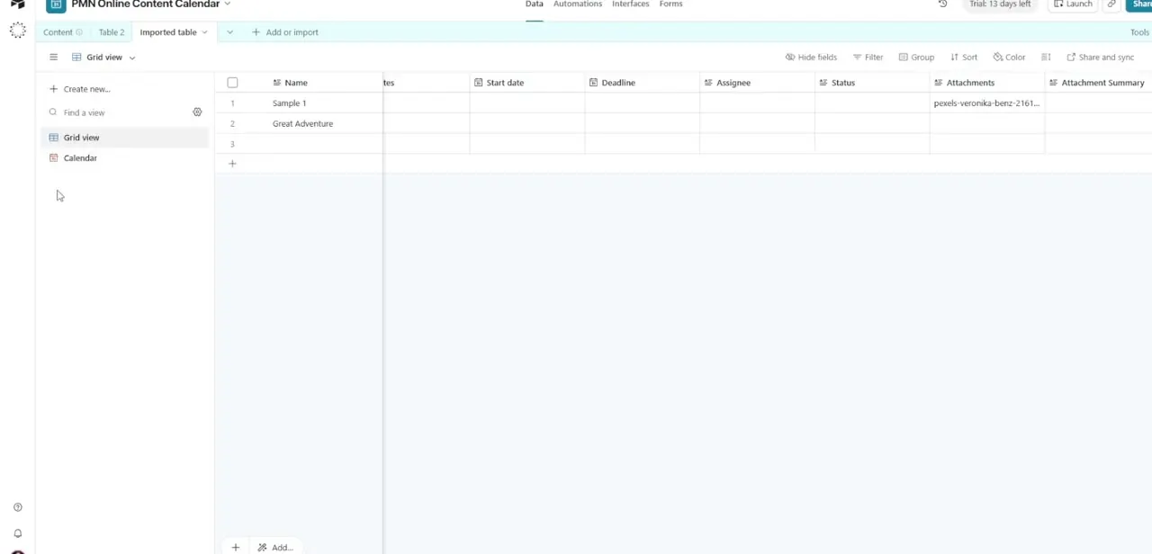 A grid table with Start date, Deadline, Assignee, and Status columns already in place — everything the Calendar view needs to map from.