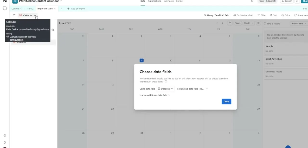 The Choose date fields dialog, where you tell the Calendar view which date column to plot records against — Deadline, in this case.