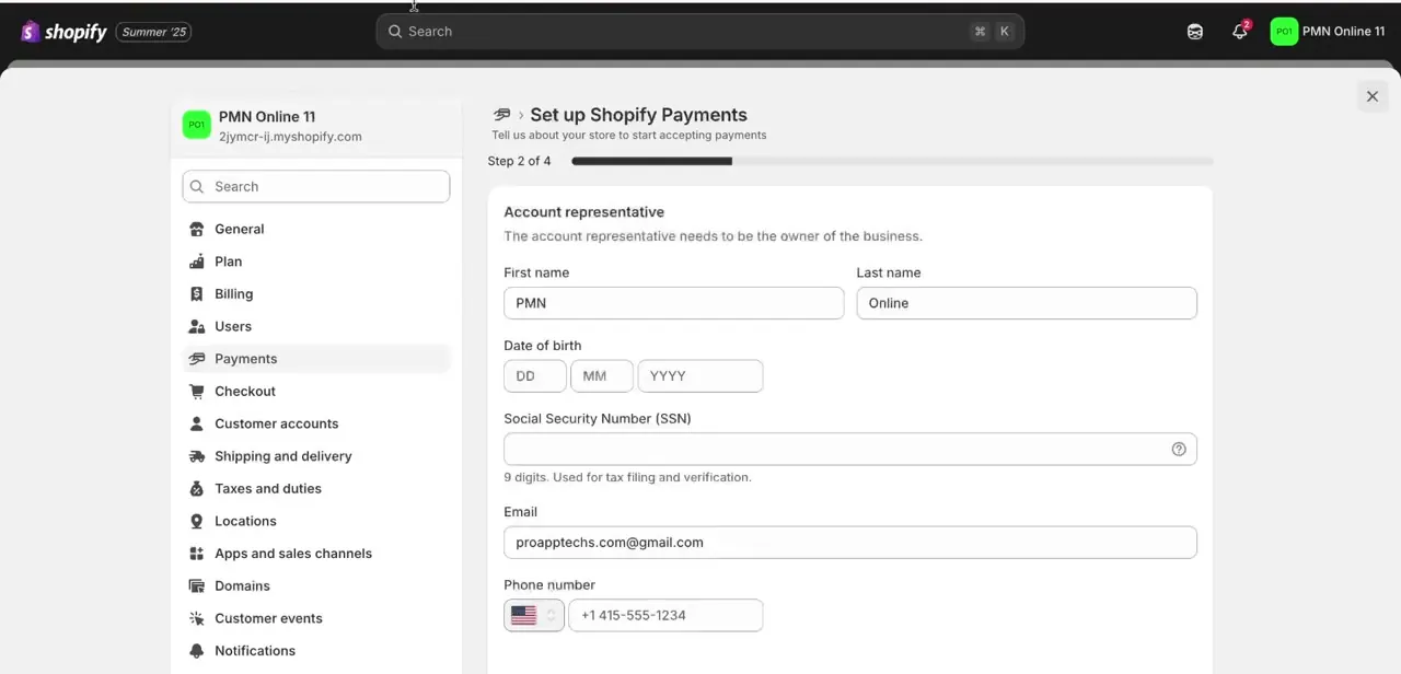 Step 2 of the Shopify Payments setup, the Account representative form asking for personal details including a Social Security Number.