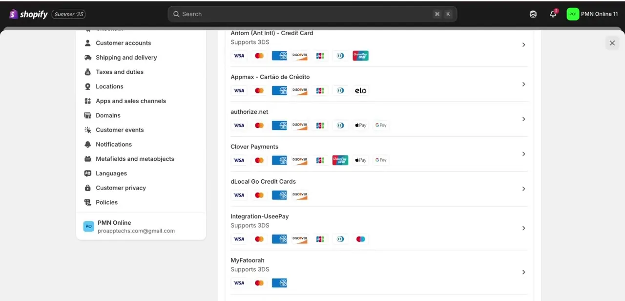 The full list of alternative payment providers Shopify supports, each showing its supported card networks and regional payment types.