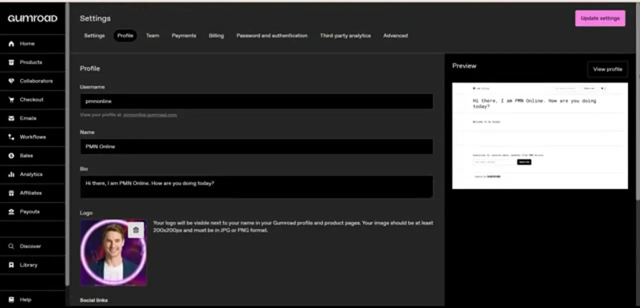 The Settings → Profile screen, where username, bio, and logo are set, with a live preview of the resulting profile page on the right.
