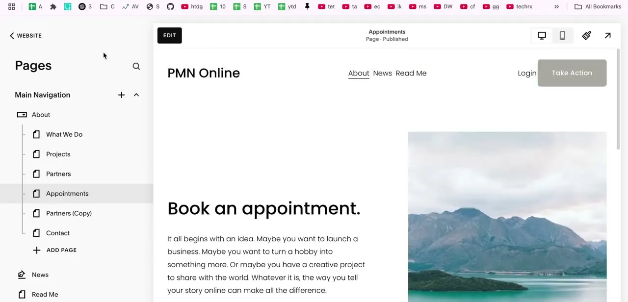 The Appointments page open in the editor, showing the default "Book an appointment" heading and placeholder copy ready to be customized.