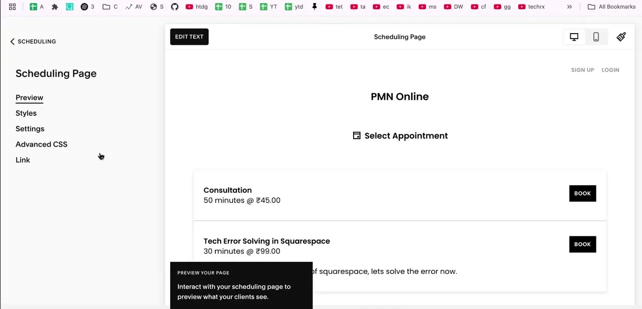 The live Scheduling Page preview, listing two bookable appointment types with their durations, prices, and individual Book buttons.