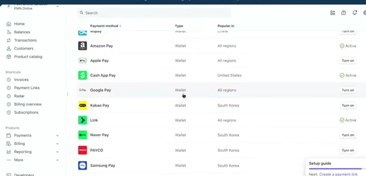 The payment methods table with the wallet options grouped together. Apple Pay shows a Turn on button here, while Cash App Pay and Link are already active.