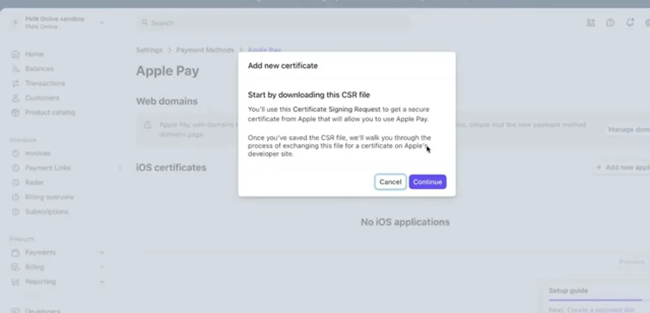Stripe's Apple Pay settings, with Web domains at the top and the iOS certificate dialog open — the certificate route is only needed for native apps.