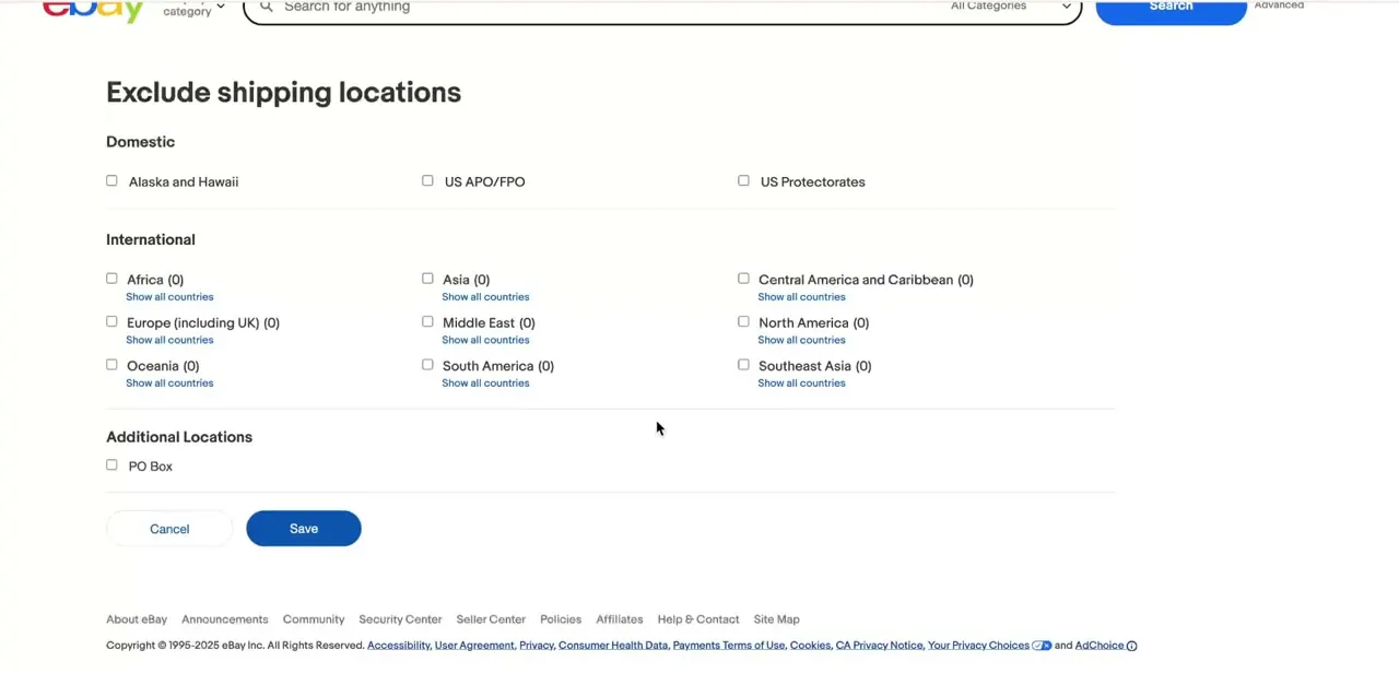 The Exclude Shipping Locations page, with checkboxes for domestic regions and a full breakdown of international zones by continent.