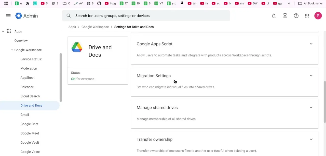 The Drive and Docs settings page, showing Migration Settings, Manage shared drives, and Transfer ownership stacked as expandable sections.