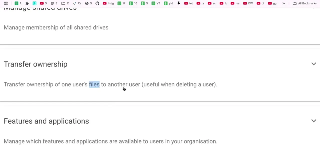 The expanded Transfer ownership description, confirming it moves one user's files to another and is designed for use before deleting an account.