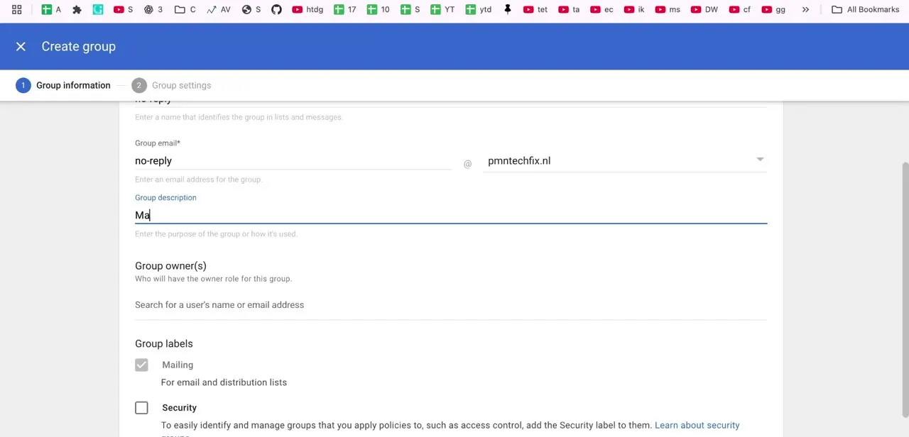 The Create group form, the Group email field set to "no-reply" against the domain, which becomes the address your automated systems send from.