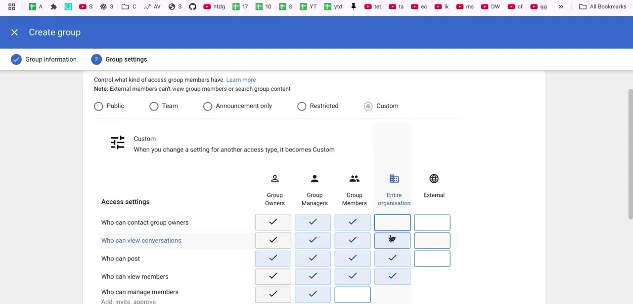 Custom access settings on the new group, each permission row set per audience, letting you shut off posting and viewing entirely.