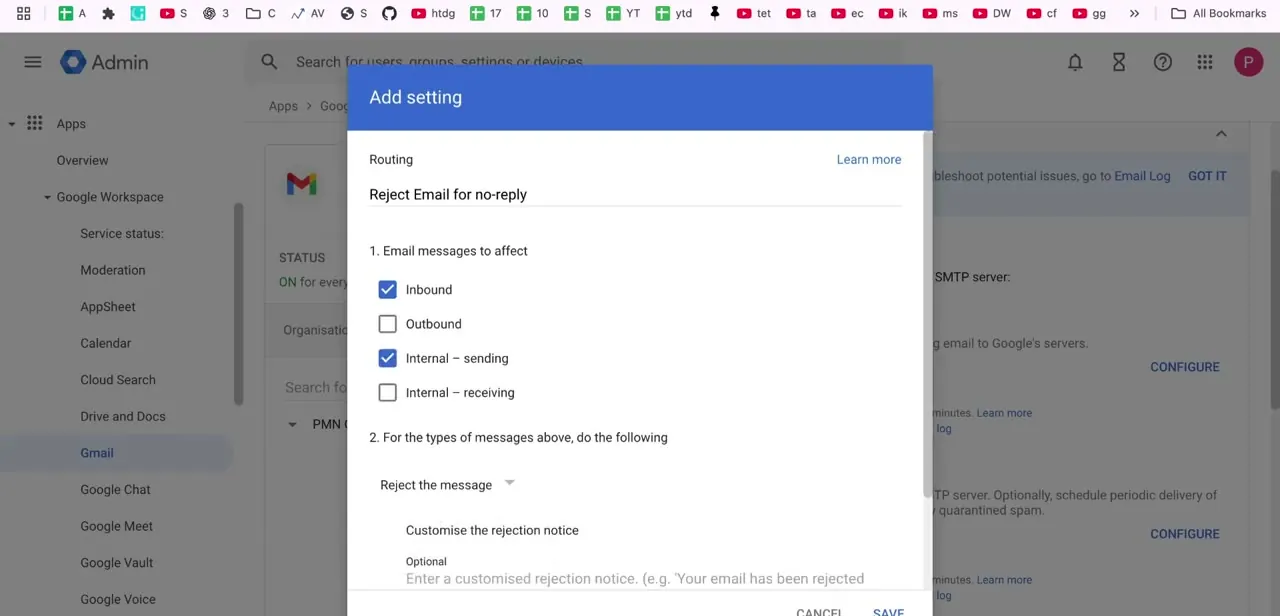 The Add setting dialog for Gmail routing, "Reject Email for no-reply" with Inbound and Internal - sending checked, so replies bounce instead of landing anywhere.