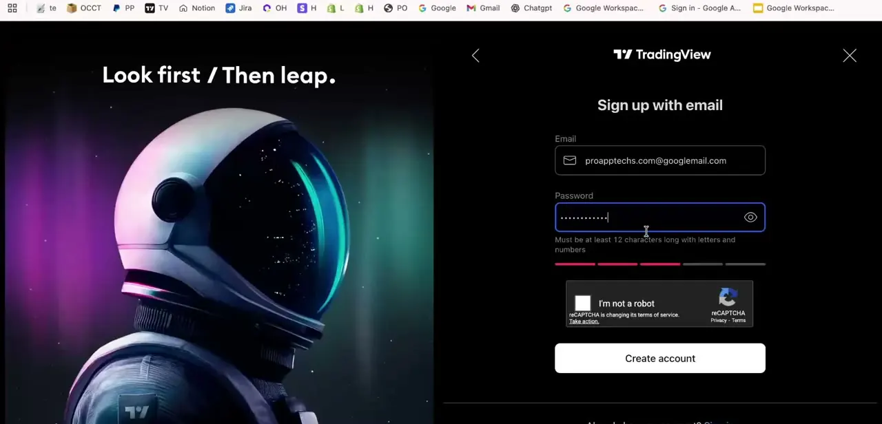 TradingView's own sign-up form for starting the trial, asking only for an email and a password: no third-party app or extension involved.