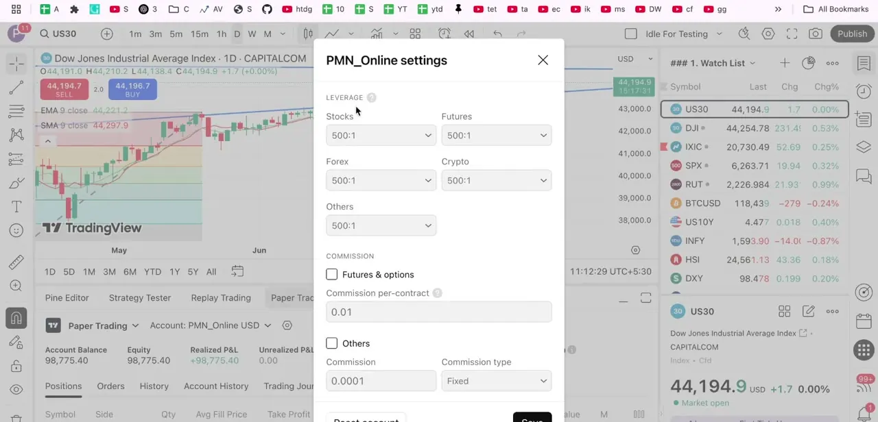 The account settings modal with the Leverage section broken out by asset class — Stocks, Futures, Forex, Crypto, and Others — each on its own dropdown.