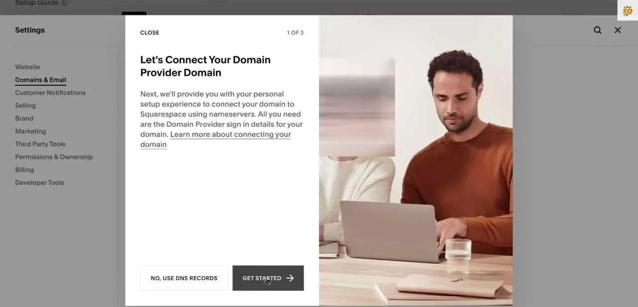 Squarespace's domain connection intro screen, step 1 of 3, offering a choice between connecting via nameservers or sticking with DNS records.